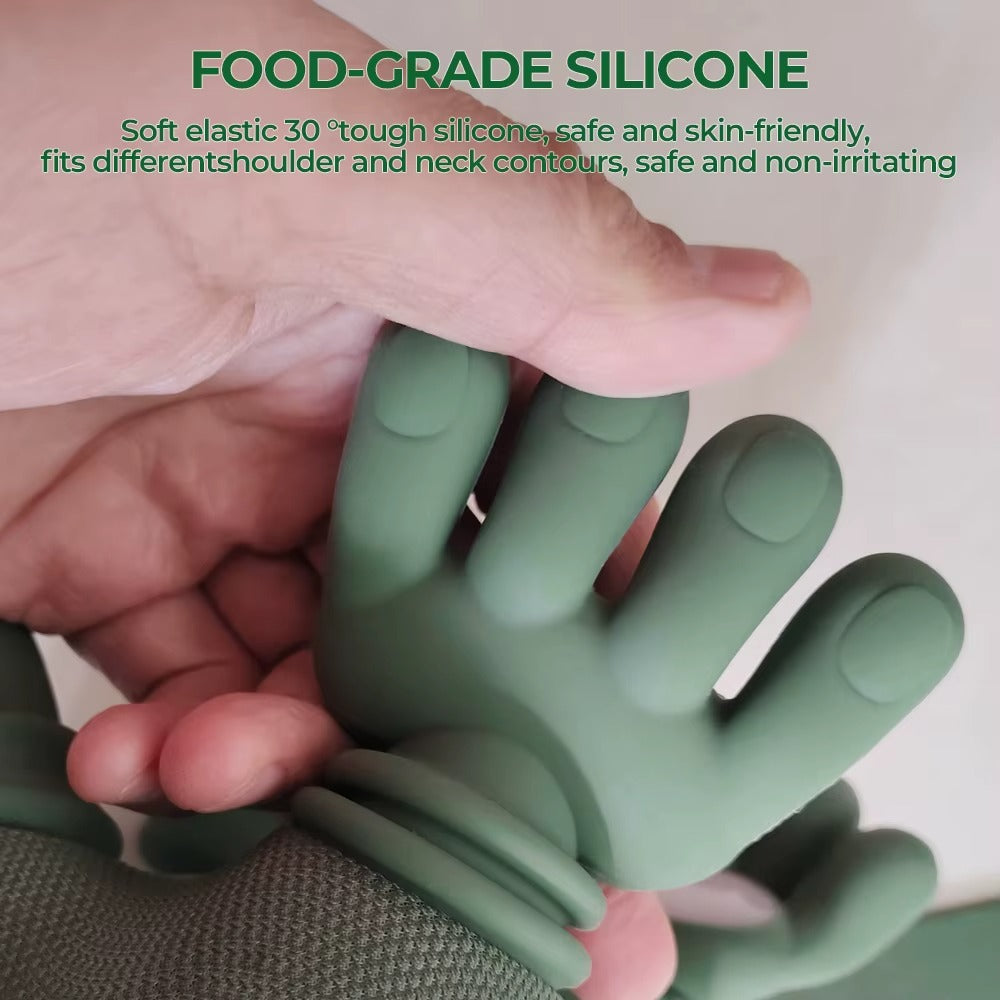 Green silicone glove held by a hand with text about food-grade silicone.