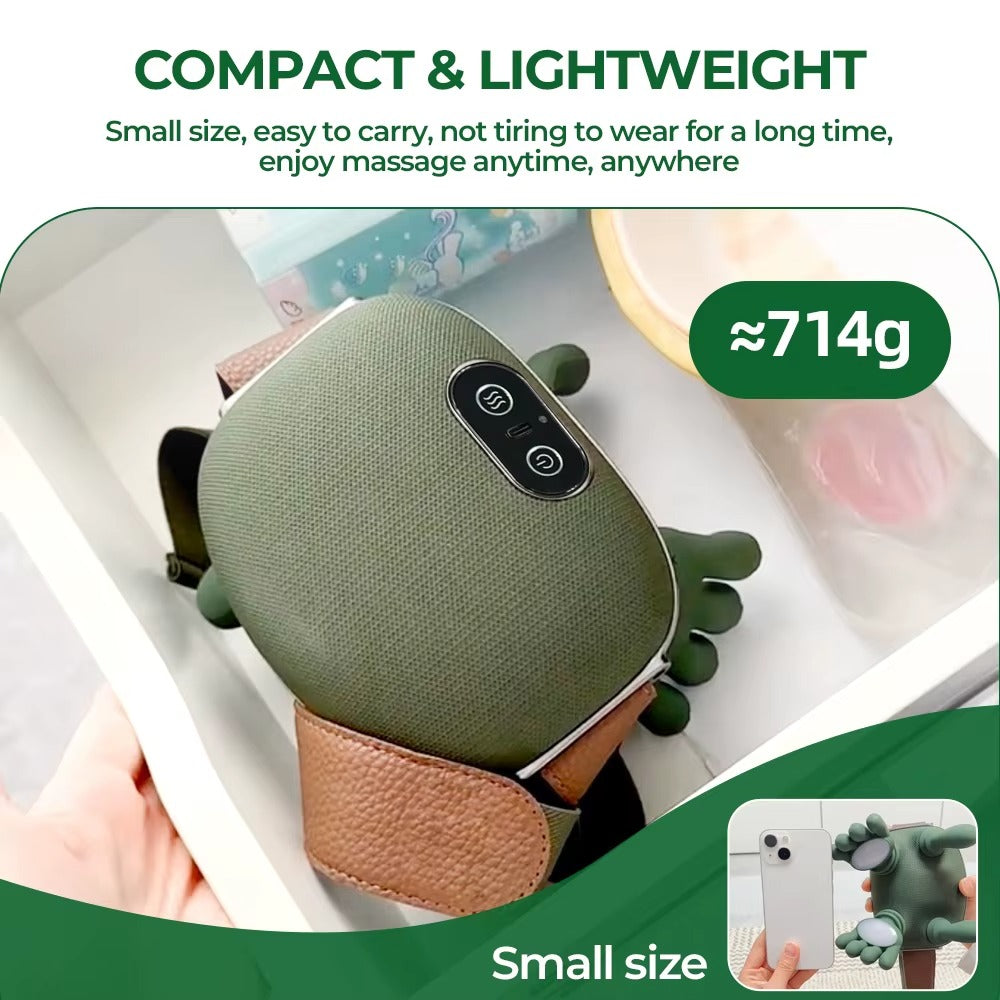 Green massage device with brown strap on a white background, labeled as compact and lightweight.
